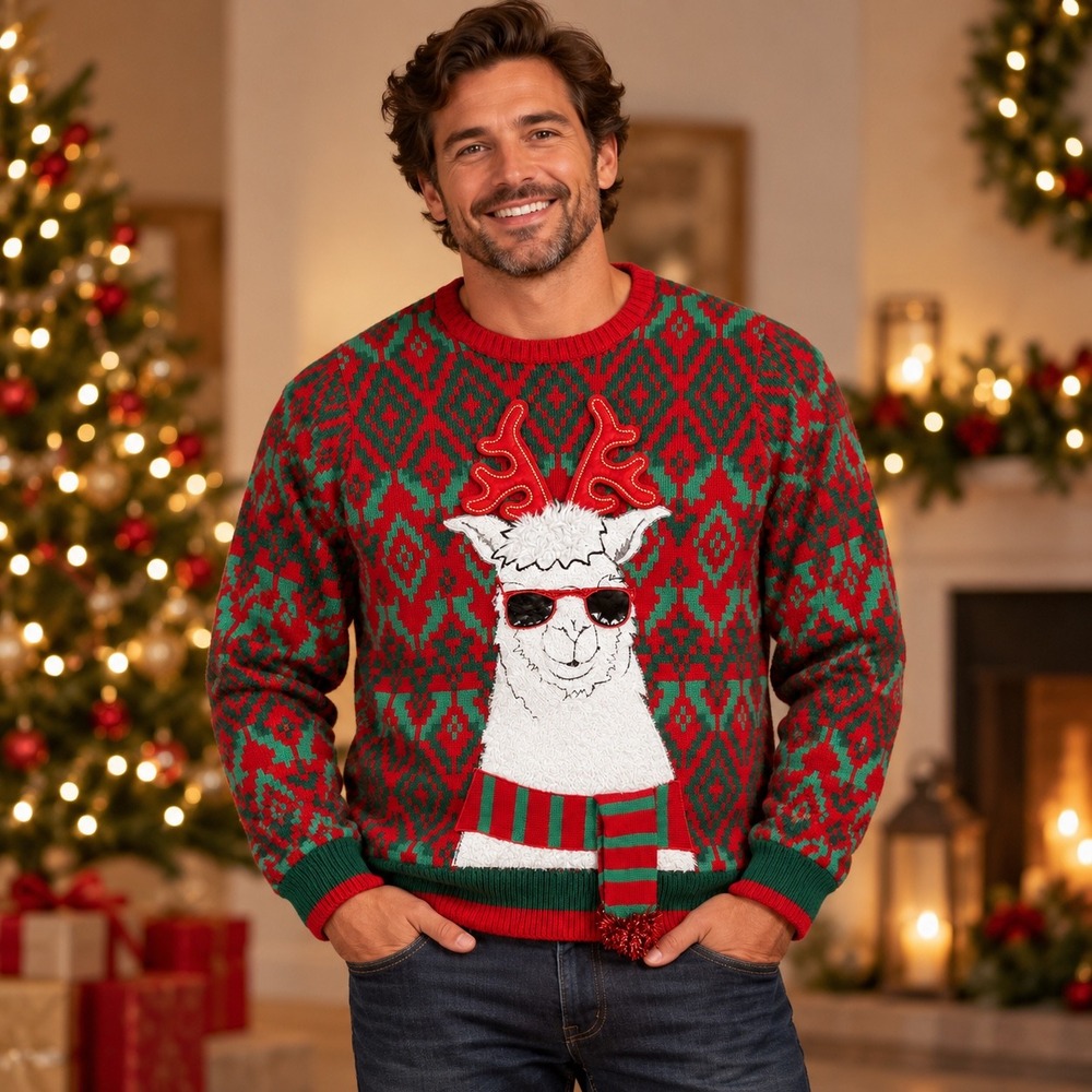 Holiday Time Mens XL Llama Sunglasses Ugly Christmas Sweater Red Green 46-48
